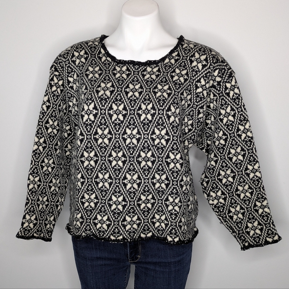 Vintage Quissett Cove Black White Nordic Floral Wool Sweater L